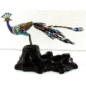 Antique Chinese Silver Gilt Cloisonne Jeweled Peacock Bird Sculpture 19th C.